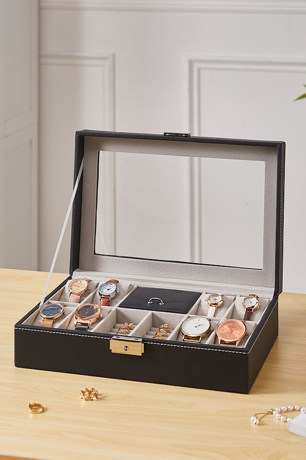SHEONLY 8-Slot Black Synthetic Leather Watch Display Box with Ring Slots
