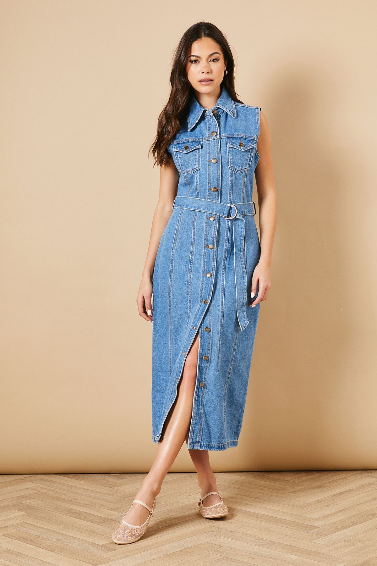 Oasis Belted Waist Pocket Detail Midi Dress Mid Wash image 1