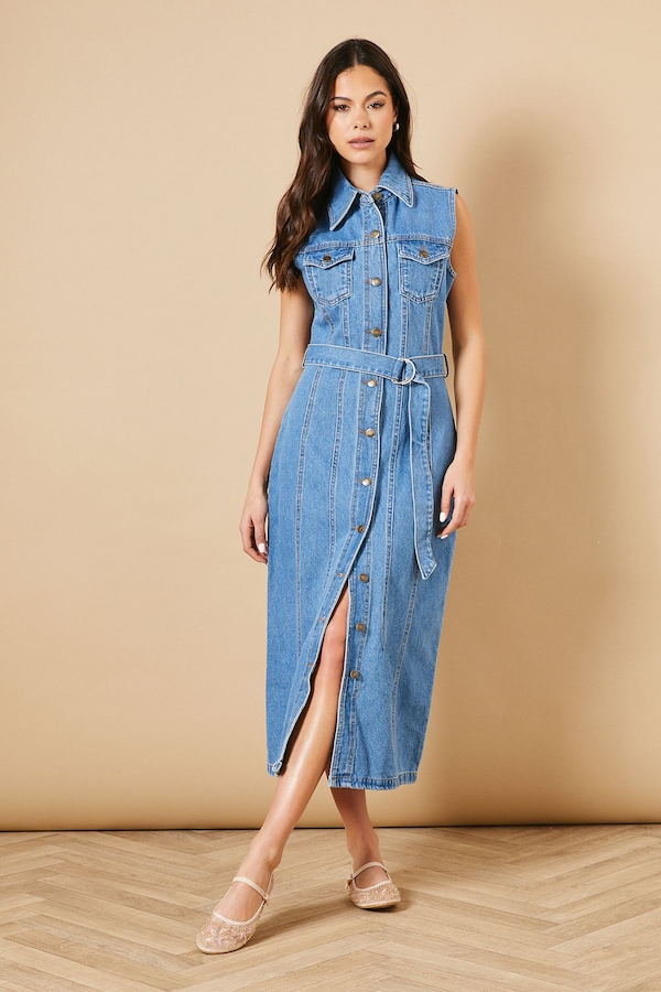 Oasis Belted Waist Pocket Detail Midi Dress Mid Wash