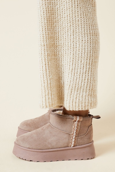 Dorothy Perkins Hania Suedette Faux Fur Lined Stitch Detail Cosy Chunky Flatform Ankle Boots Taupe