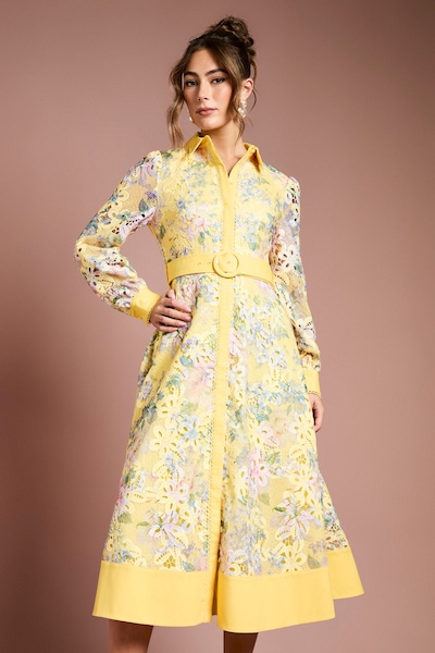 Coast Cutwork Lace Printed Shirt Dress Yellow