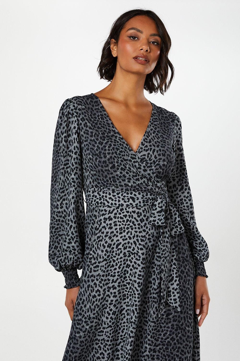 Dorothy Perkins Black Animal Long Sleeve Wrap Midi Dress Animal image 4