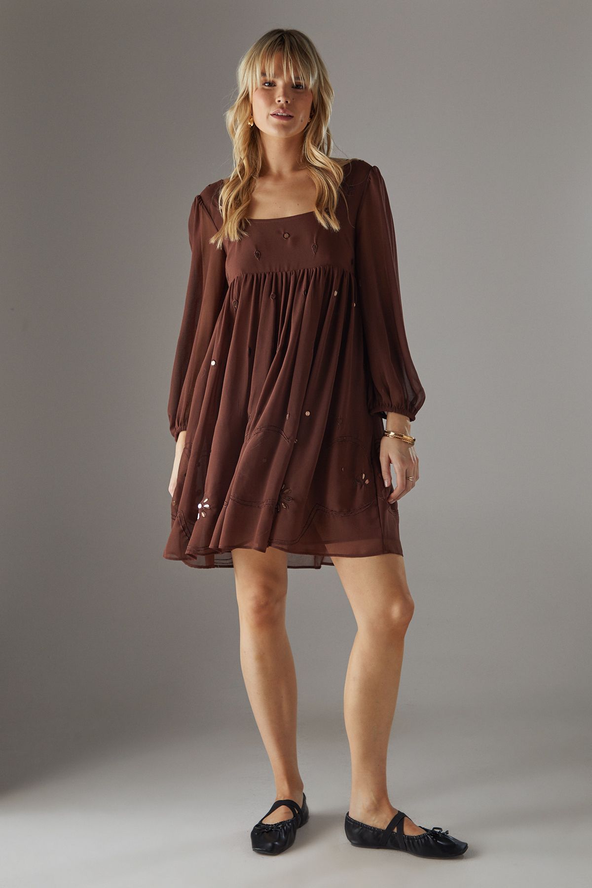 Warehouse Hand Embellished Sequin Square Neck Mini Dress Chocolate image 1