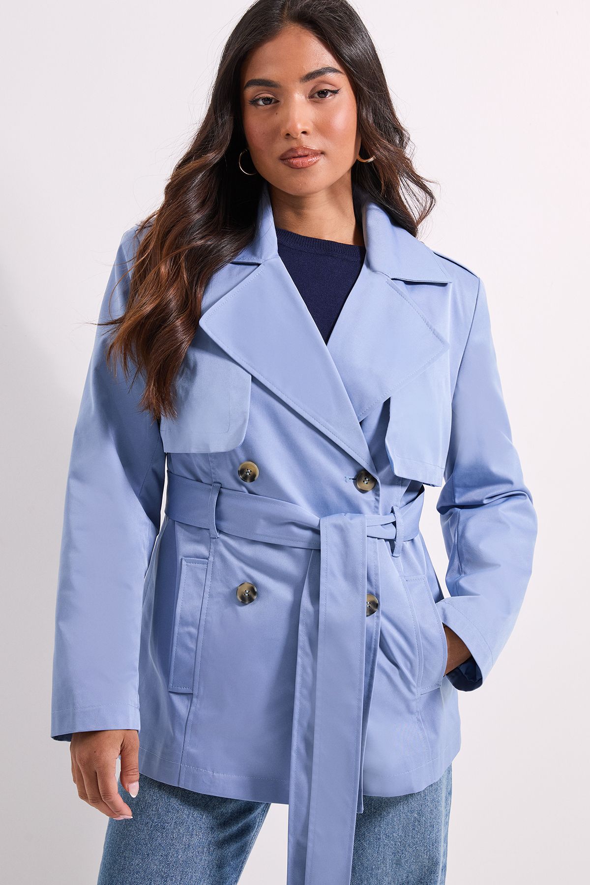 Dorothy Perkins Petite Double Breasted Belted Trench Coat Light Blue