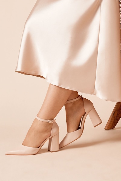 Dorothy Perkins Blanche Ankle Strap Pointed High Block Heel Court Shoes Beige