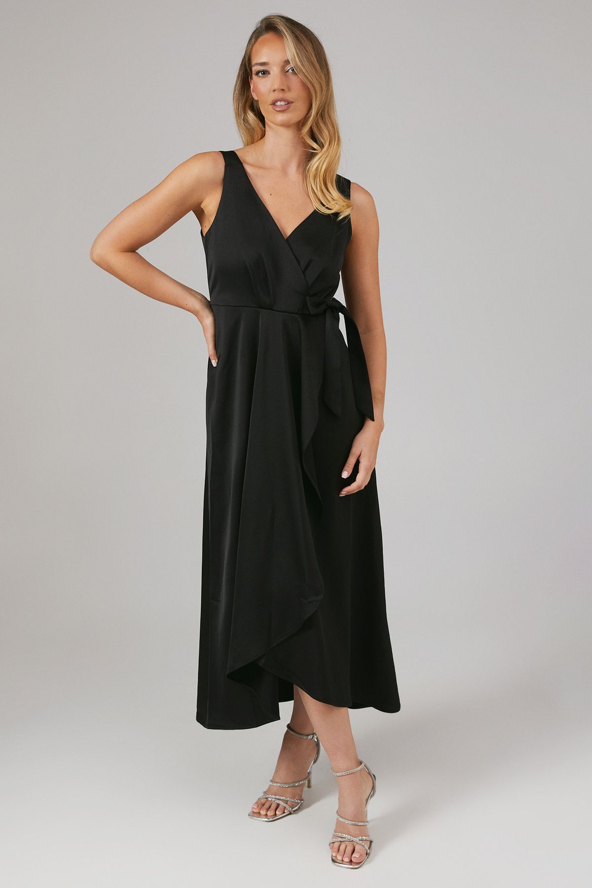 Oasis Wrap Top Satin Bridesmaid Midaxi Dress Black image 1