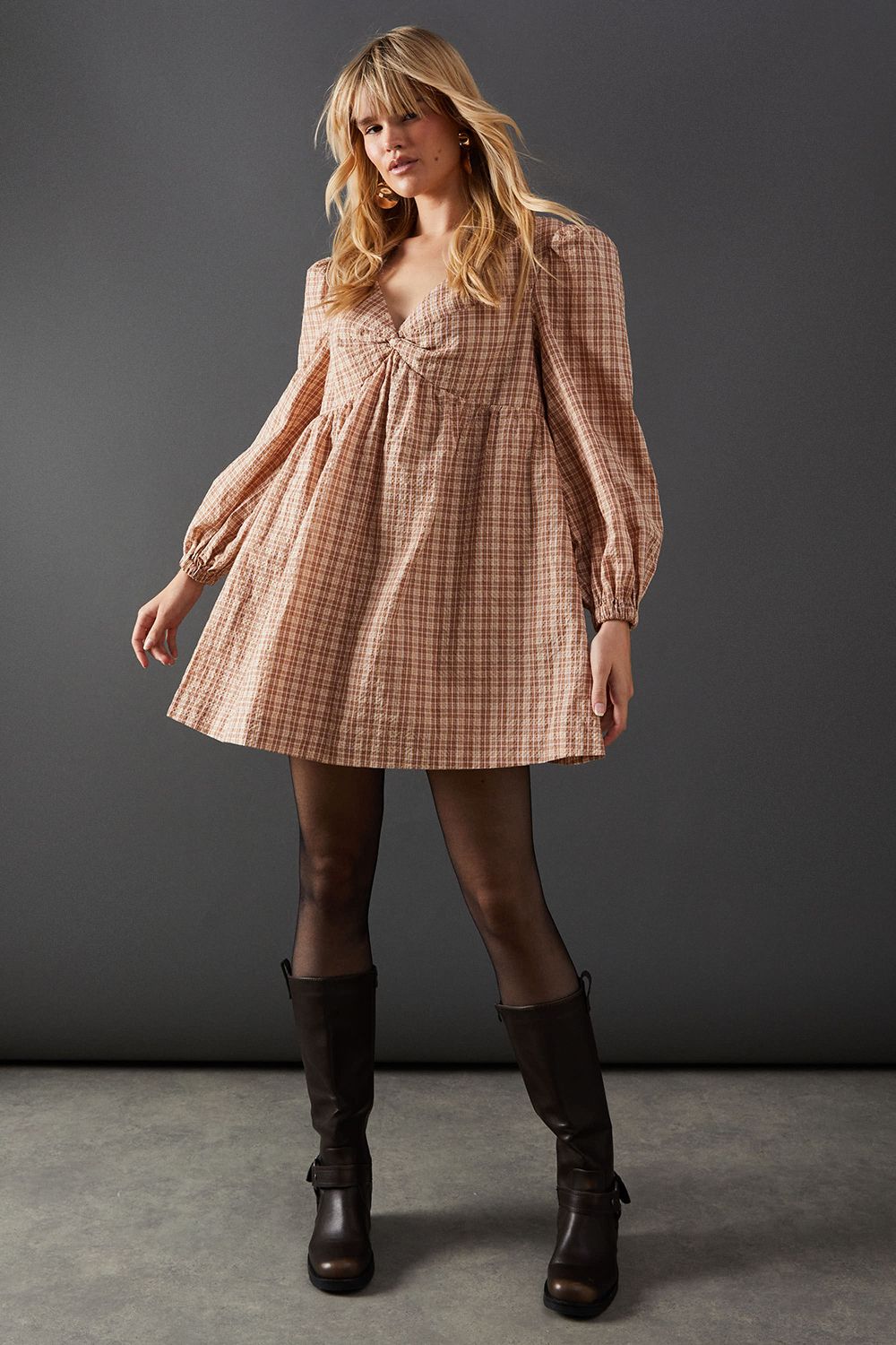 Warehouse Check V Neck Volume Sleeve Mini Dress Orange image 2