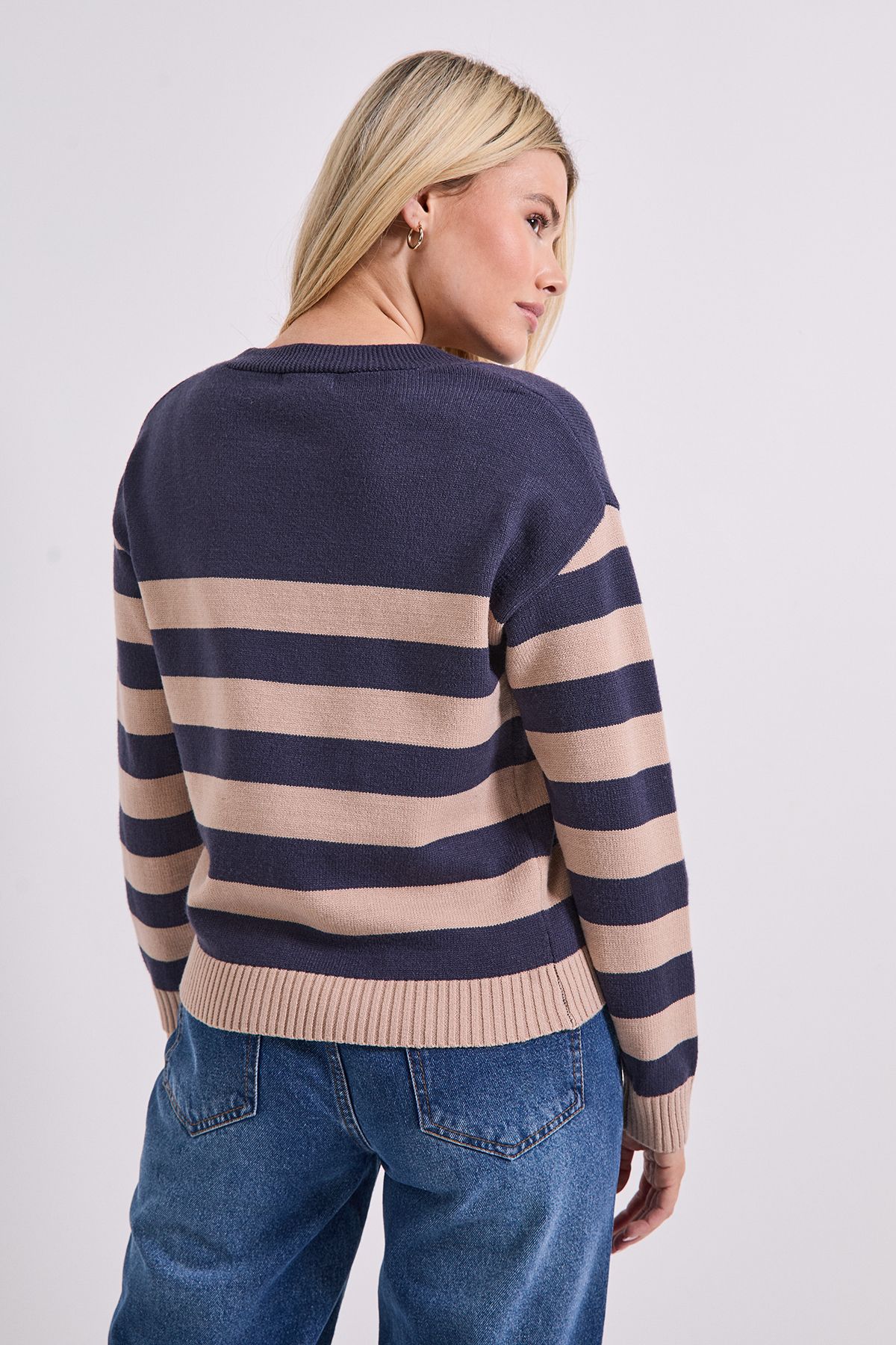 Dorothy Perkins Stripe V Neck Knit Cardigan Navy image 3