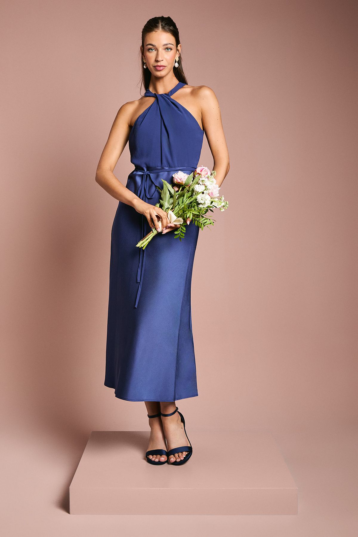 Oasis Satin Chiffon Mix Halterneck Bridesmaid Dress Navy image 1