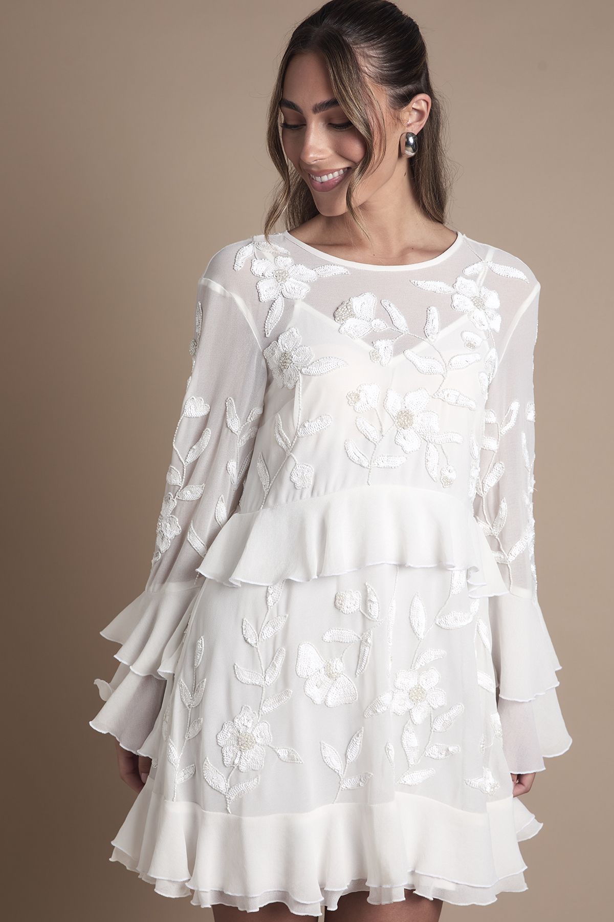 Coast Sequin Long Sleeve Ruffle Mini Wedding Dress Ivory image 2