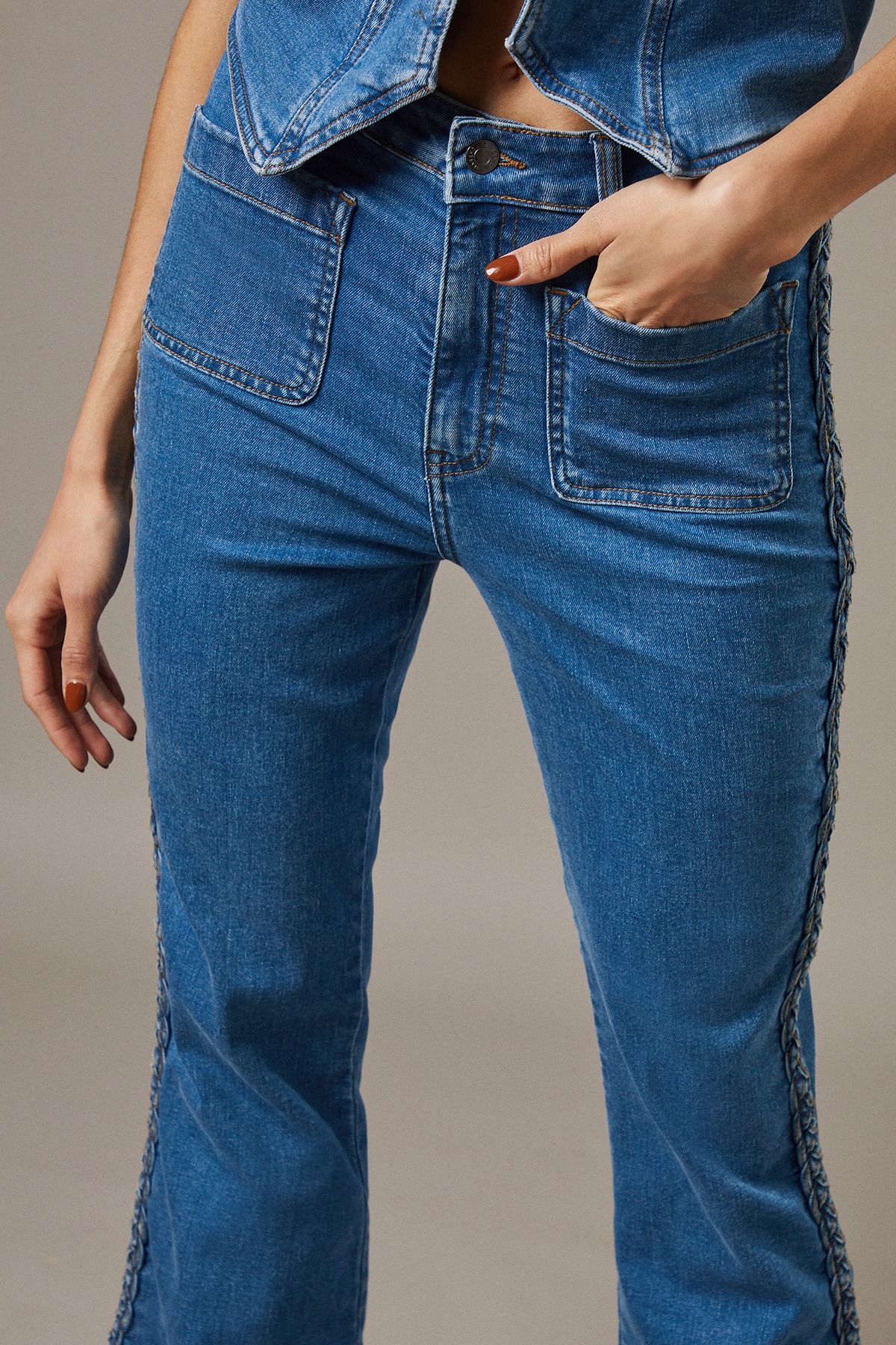 Warehouse High Waist Denim Bootcut With Patch Pockets Mid Wash image 4