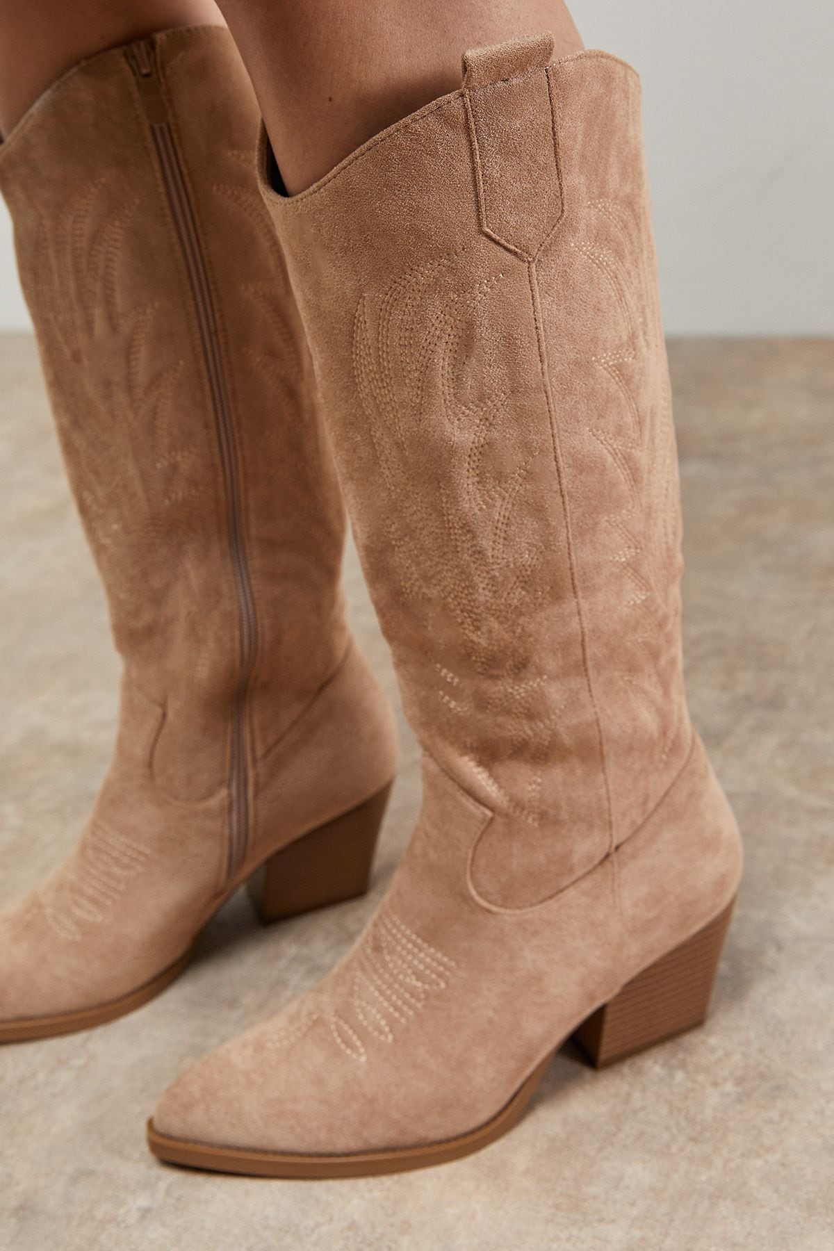 Oasis Tammi Faux Suede Western Knee-High Cowboy Boots Taupe image 4