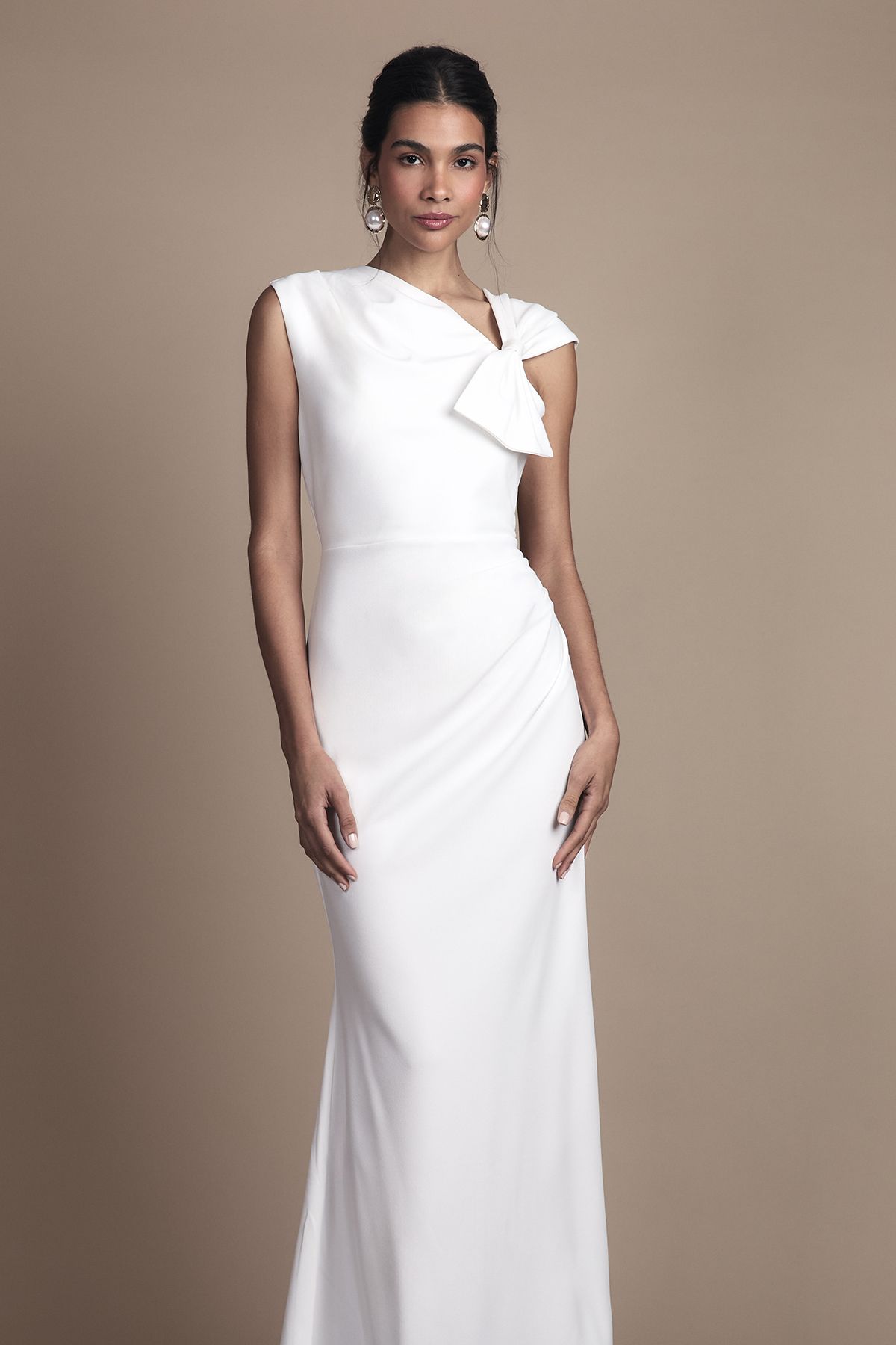 Coast Asymetric Neckline with Bow Detail Crepe Midi Wedding Dress Ivory image 2