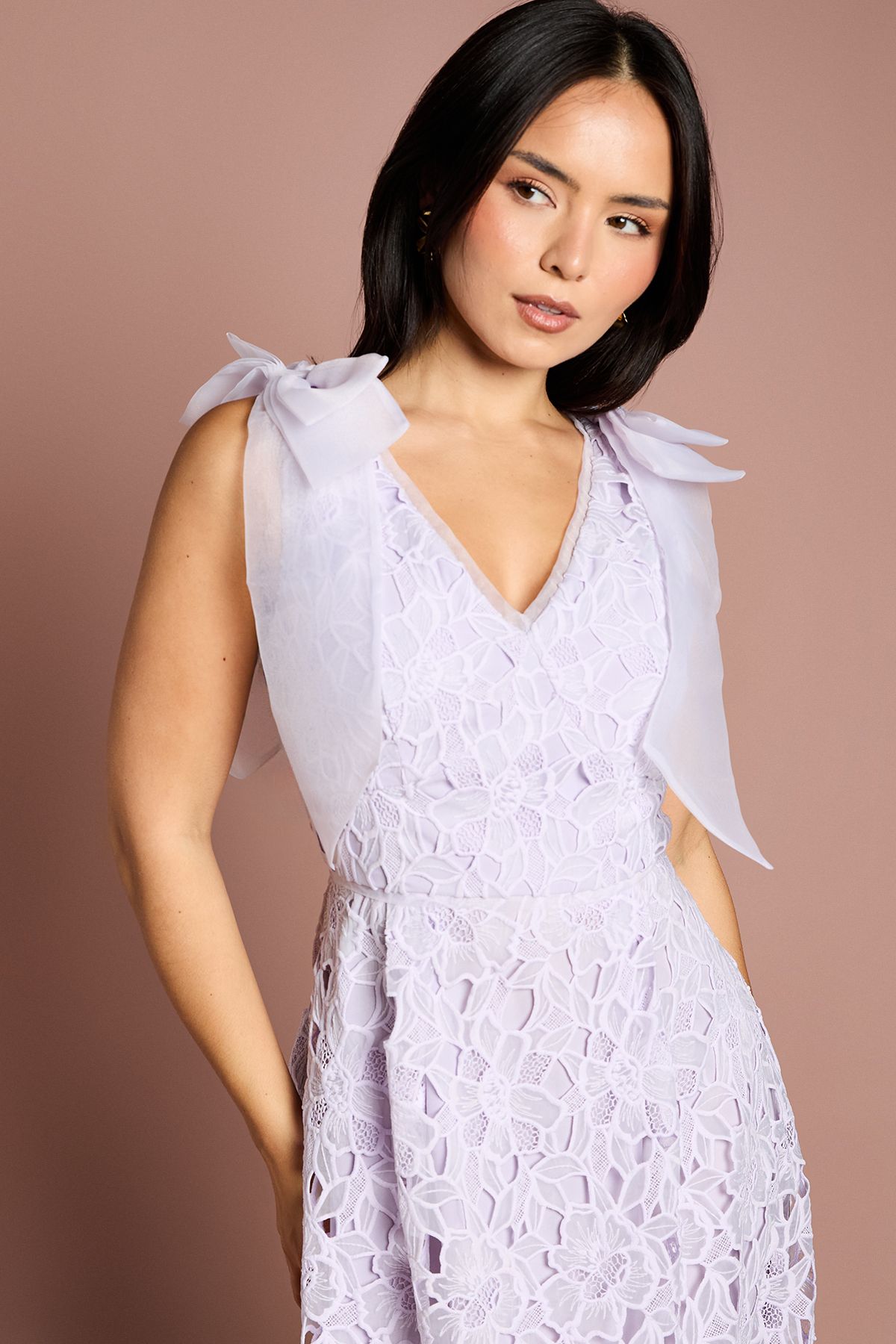 Coast Petite Bow Shoulder Organza Lace Midi Dress Lilac image 2