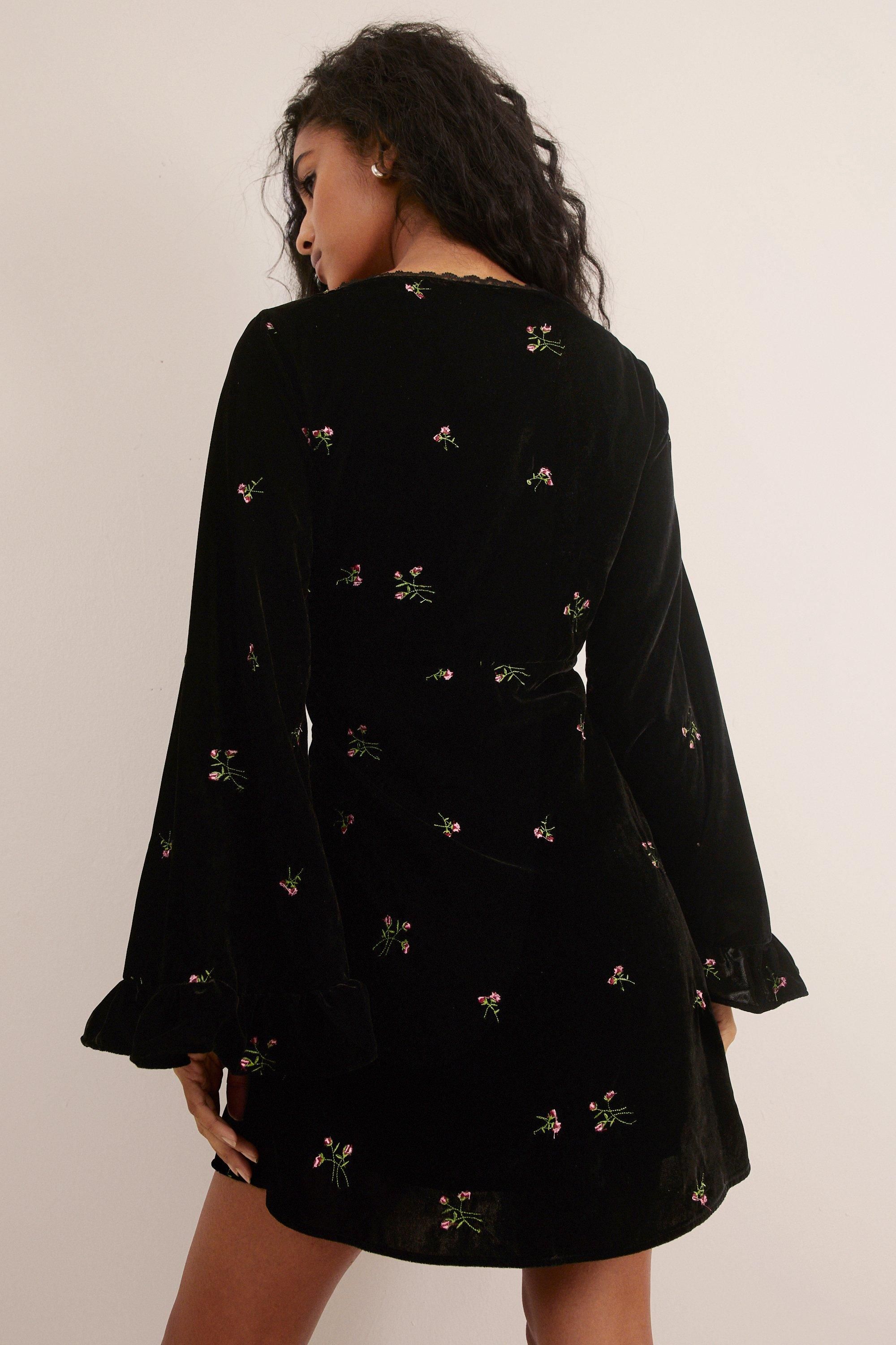 NastyGal Velvet Floral Embroidered Ruffle Lace Trim Mini Dress Black image 4