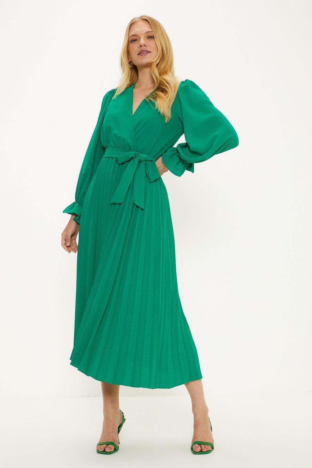Women's Elegant Wrap Midi Bell Sleeves & Tie-Up Waist Green Dress
