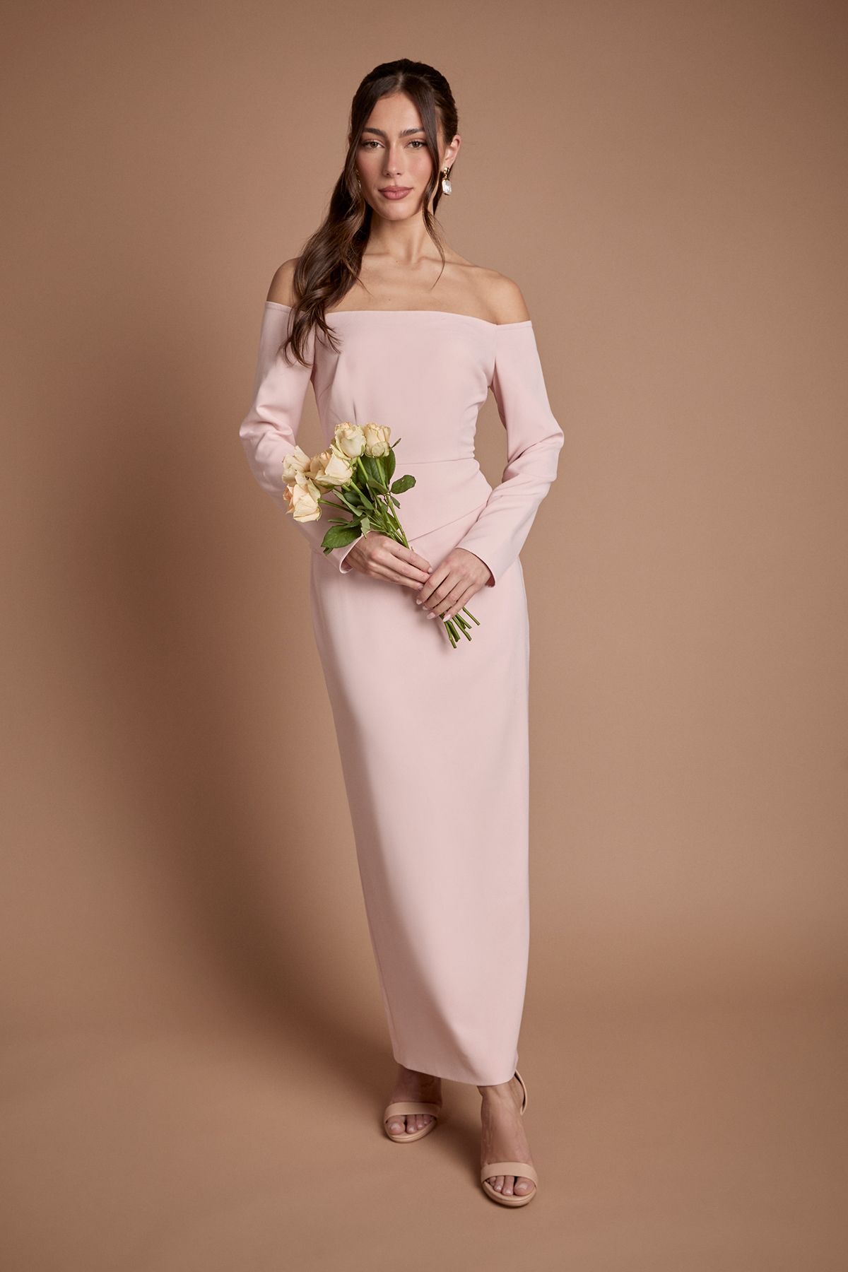 Coast Crepe Bardot Long Sleeve Bridesmaid Maxi Dress Blush