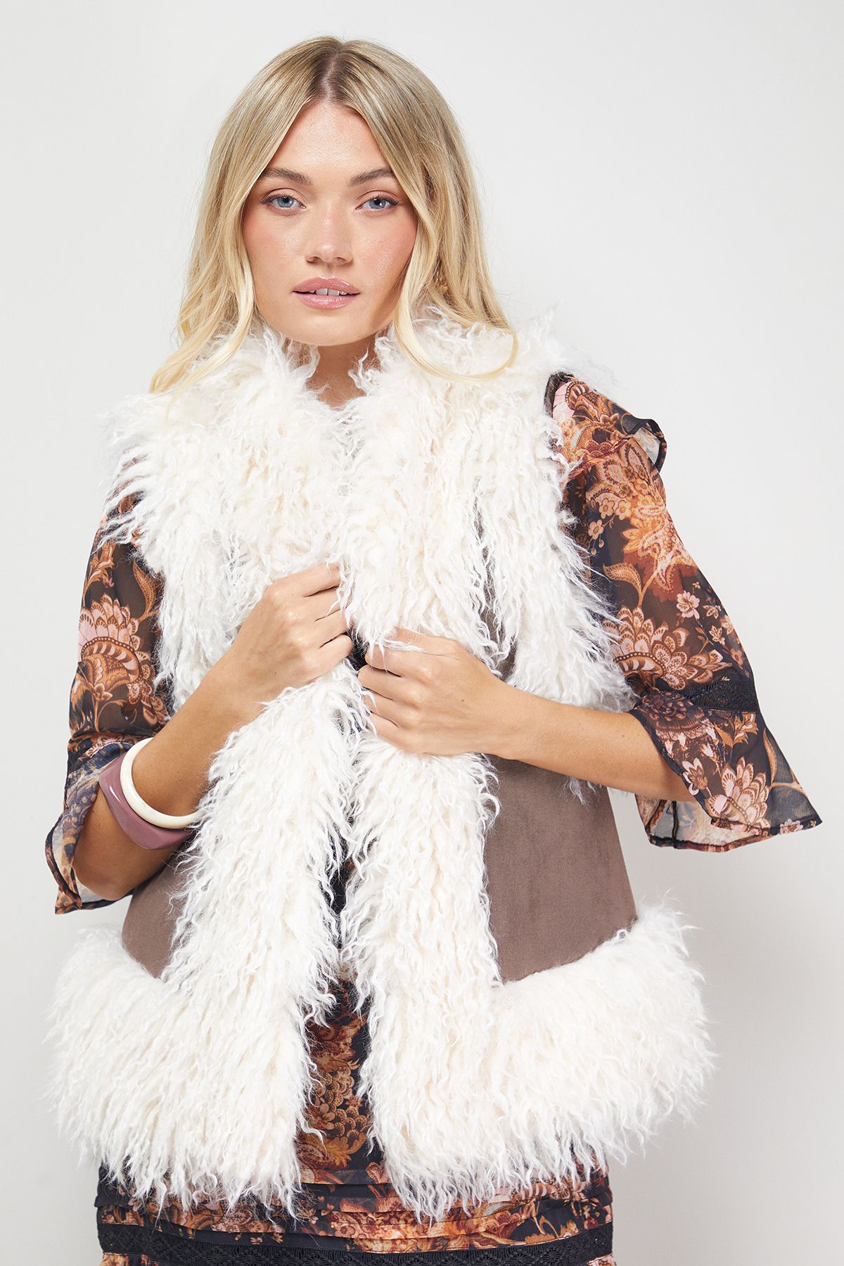 Oasis Mongolian Faux Fur Gilet Mink image 4
