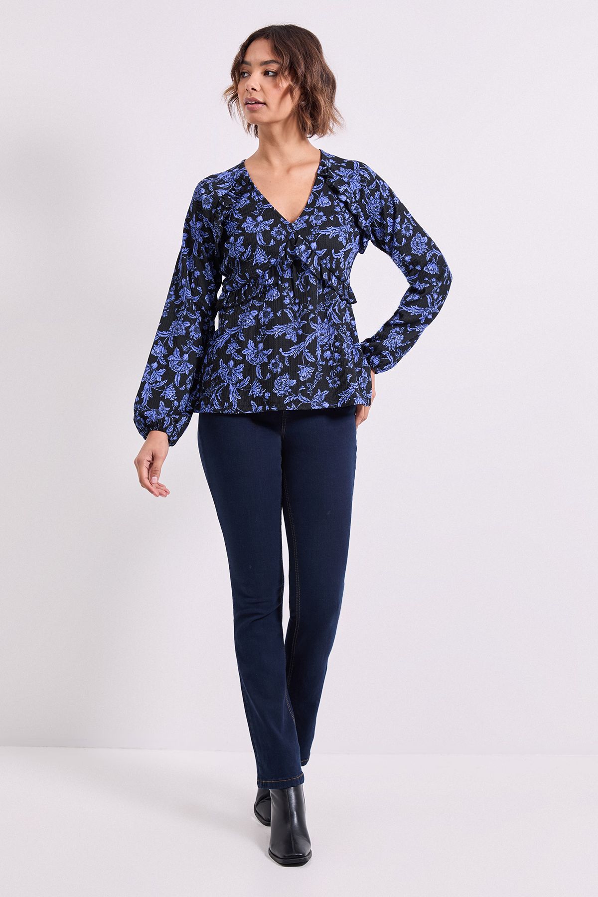 Dorothy Perkins Blue Floral Empire Seam Frill Detail Printed Jersey Top Blue image 2