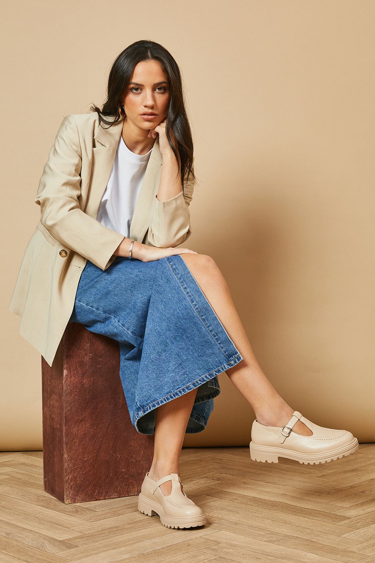 Oasis Charis Faux Leather T Bar Mary Jane Chunky Shoes Beige image 1