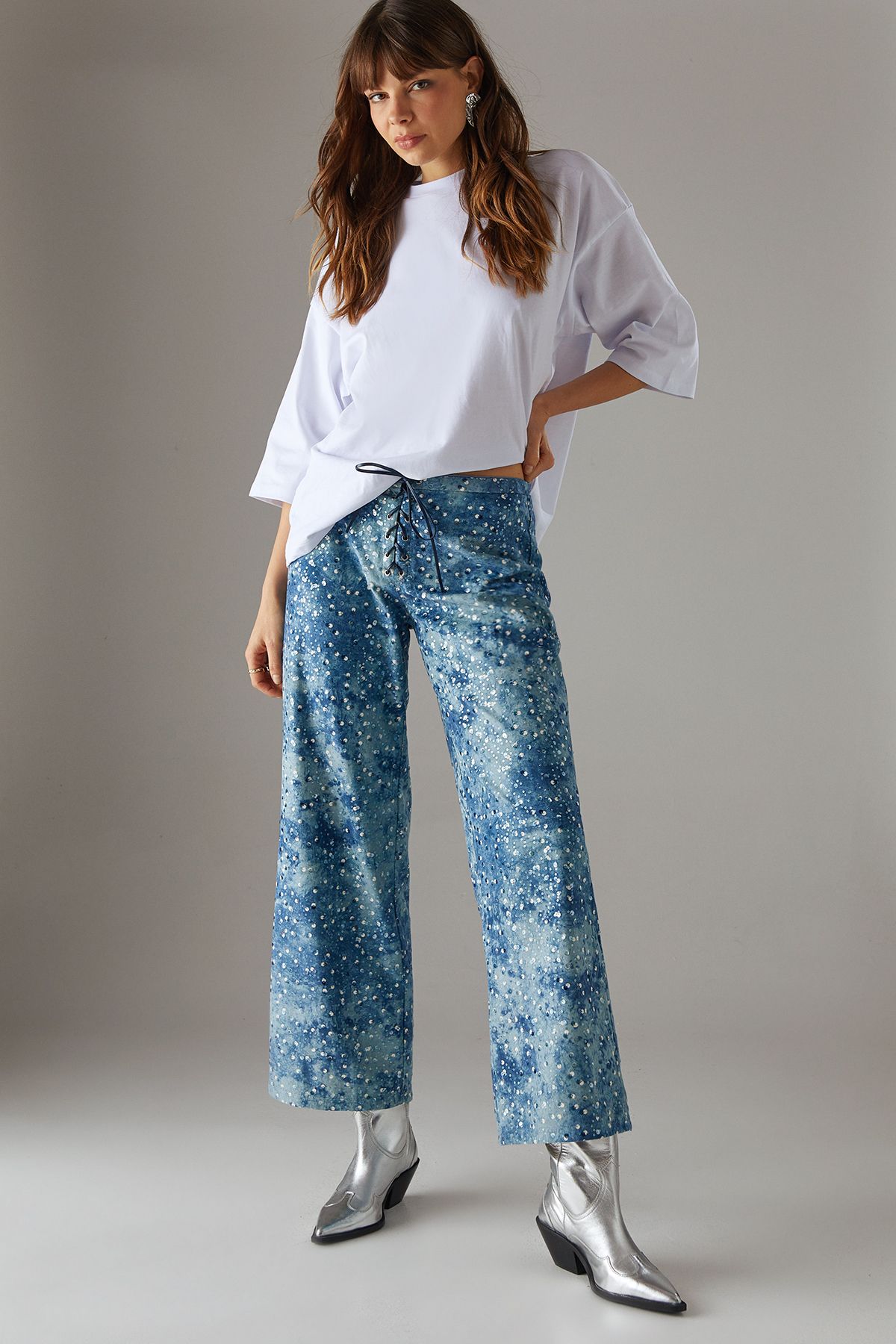 Warehouse Suedette Sequin Lace Up Trouser Denim-blue image 2