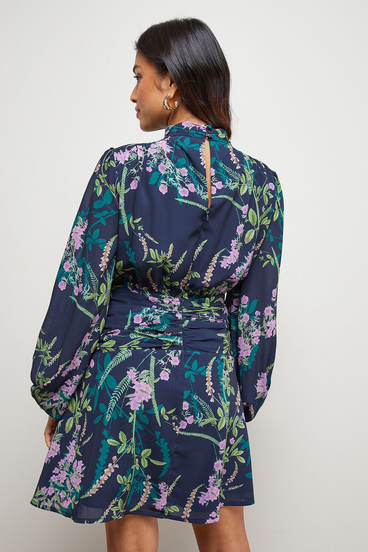 Oasis Petite High Neck Gathered Waist Balloon Sleeve Mini Dress Navy image 3