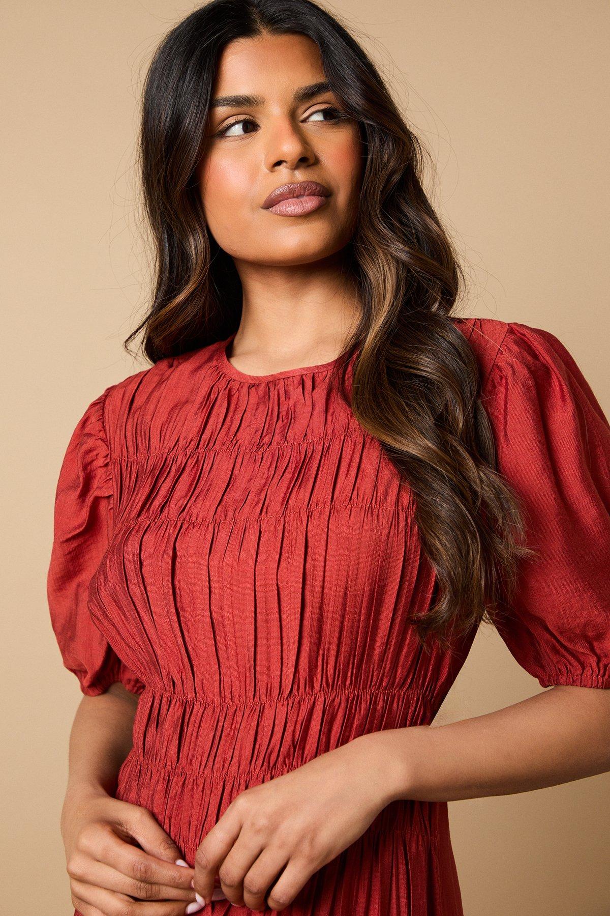 Oasis Petite Shirred Bodice Puff Sleeve Midi Dress Brick image 4