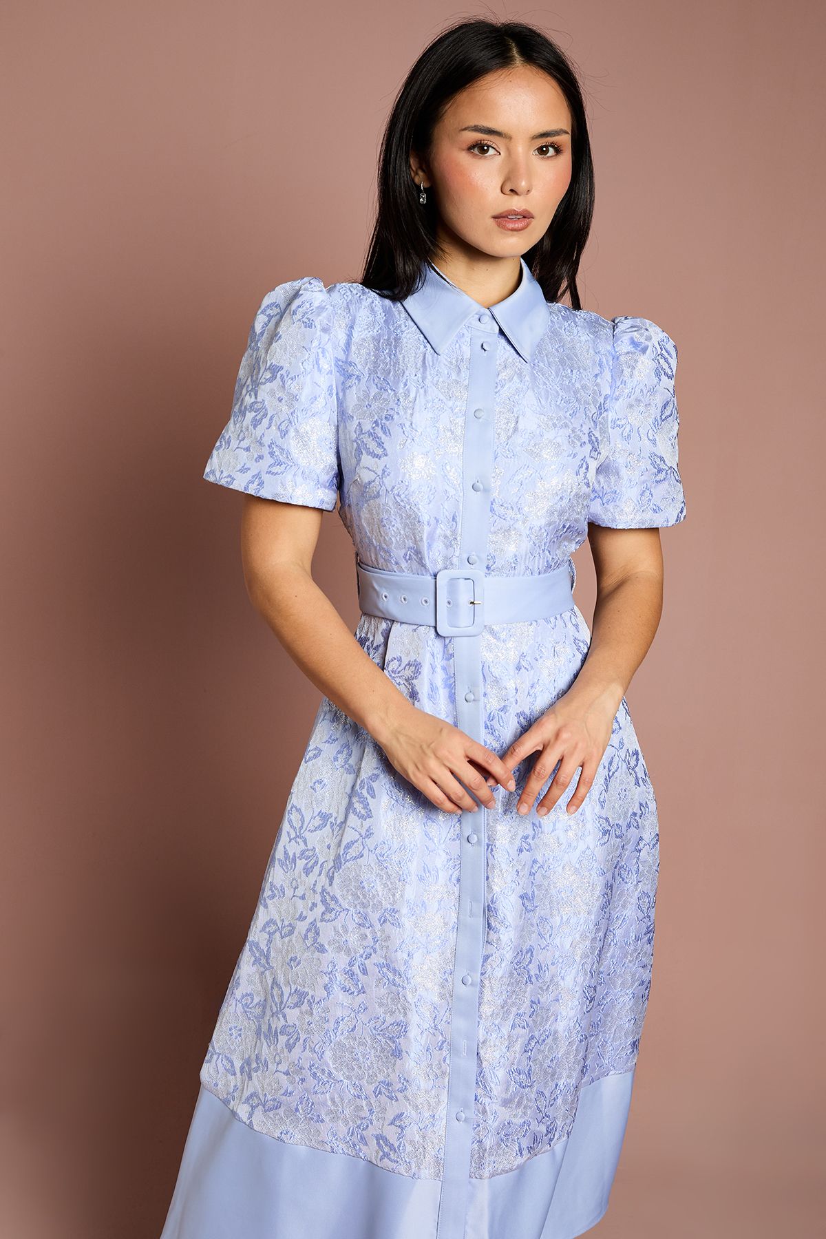 Coast Petite Short Sleeve Shirt Jacquard Midi Dress Blue image 4