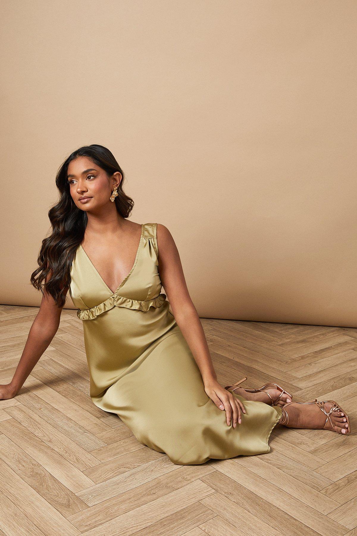 Oasis Satin Ruffle Bust Detail Maxi Dress Sage image 2