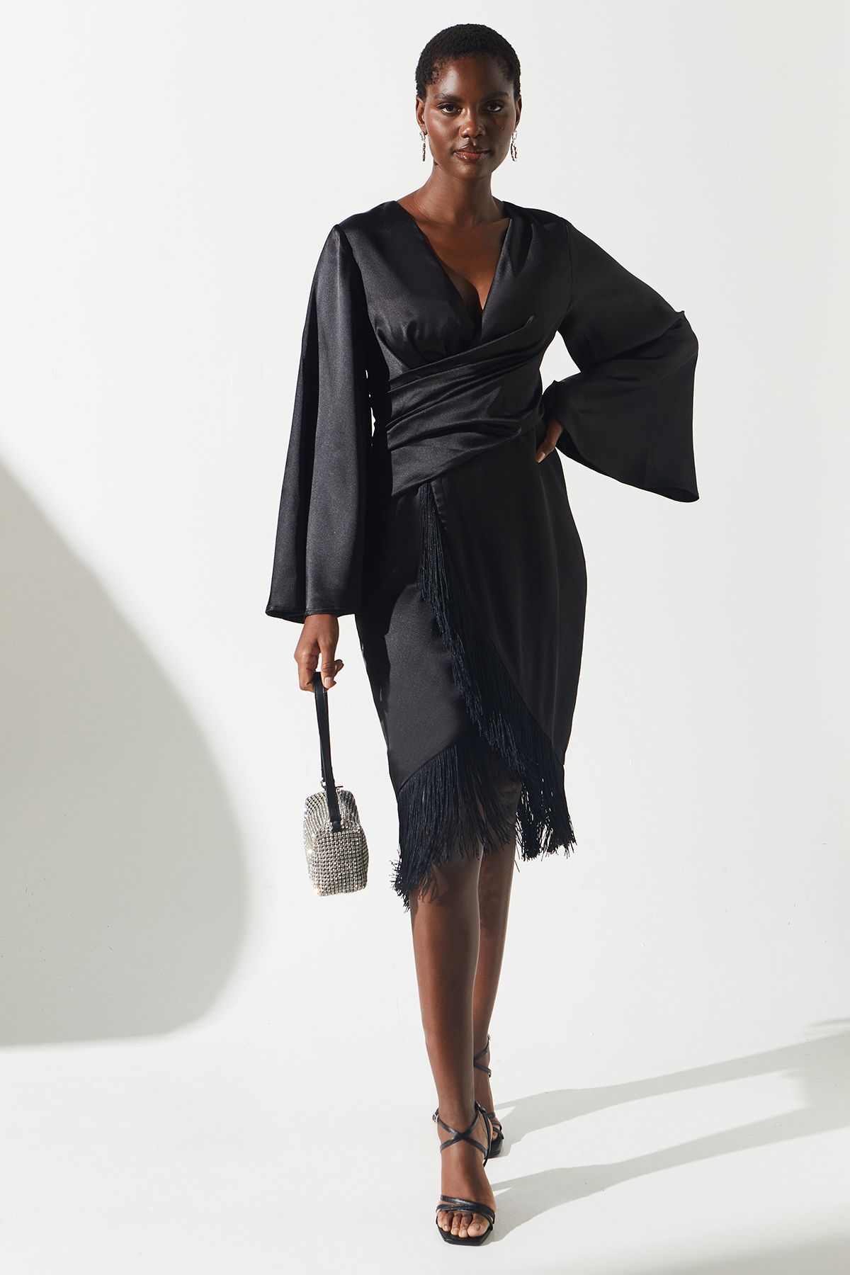 Coast Satin Fringe Hem Wrap Waist Midi Dress Black image 2