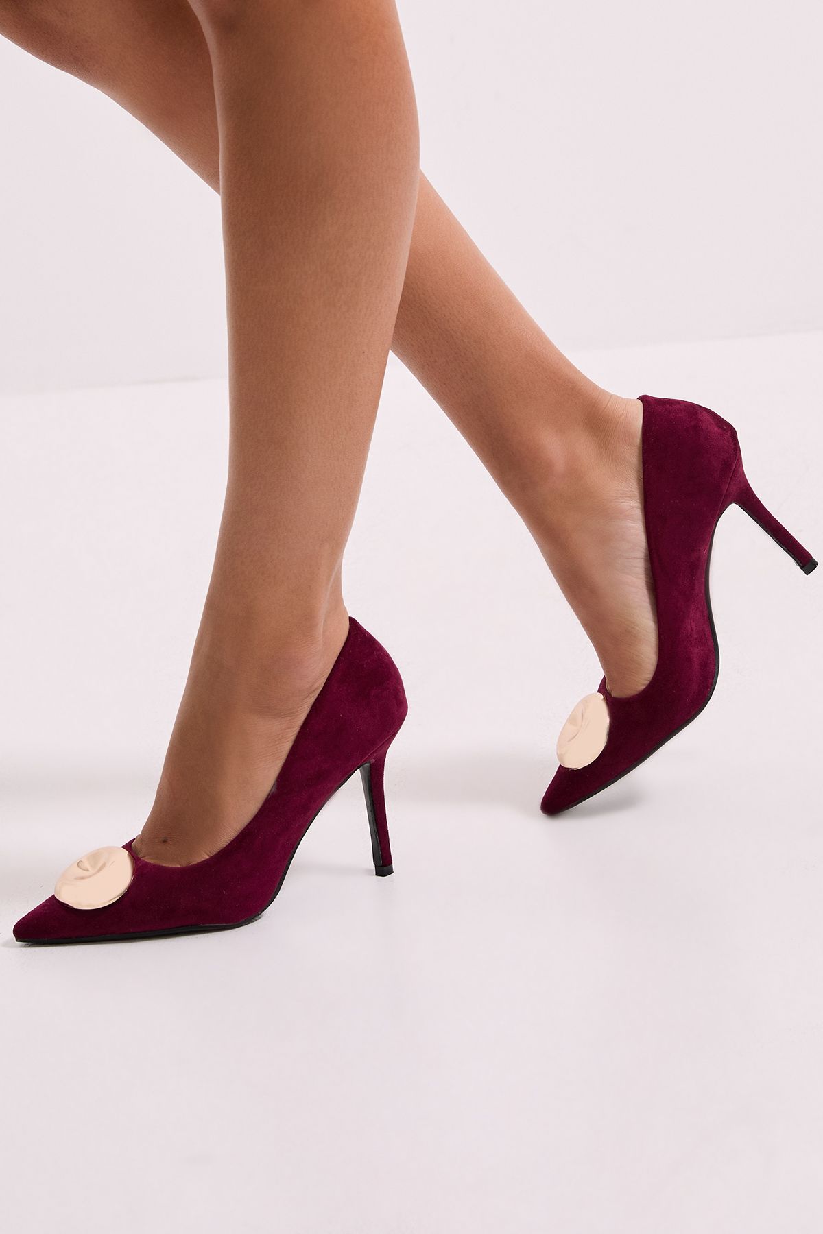 MissPap Faux Suede Metal Trim Detail High Stiletto Heel Court Shoes Burgundy image 1