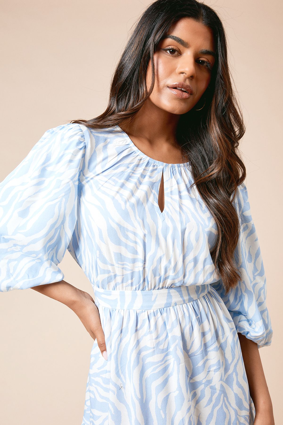 Dorothy Perkins Petite Zebra Keyhole Puff Sleeve Tiered Mini Dress Animal image 4