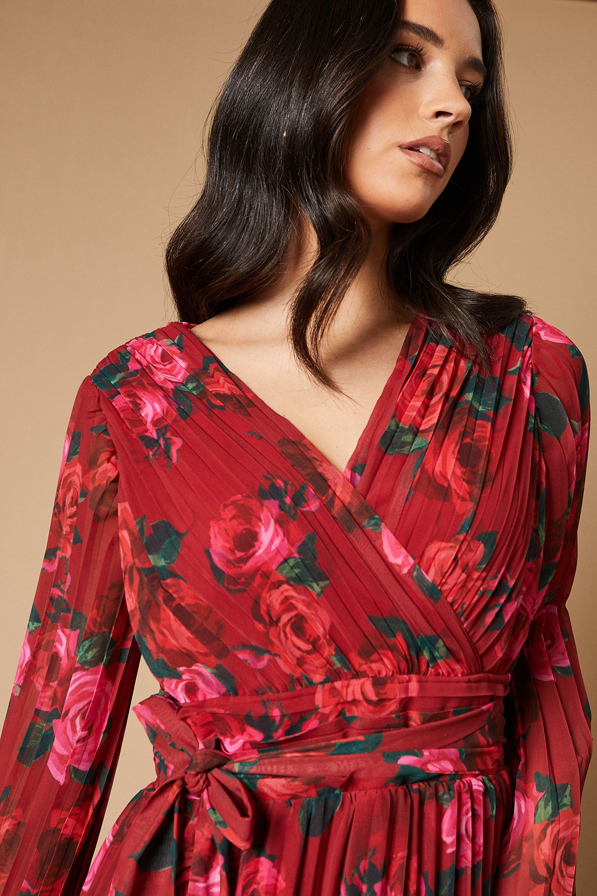 Oasis Floral Printed Pleated Asymmetric Tiered Maxi Dress Pink image 2