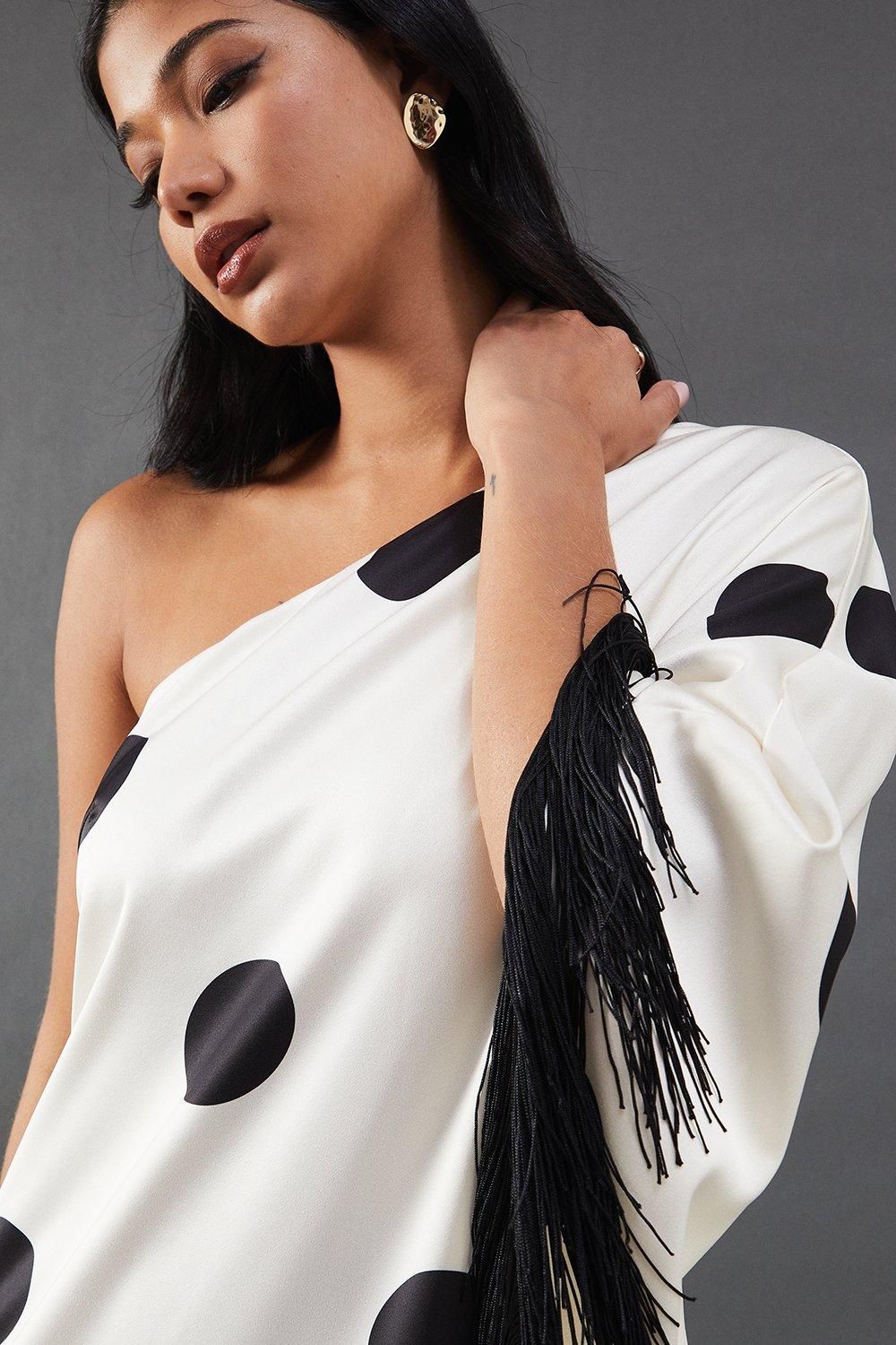 Warehouse Premium Fringe Trim One Shoulder Midi Dress Ivory image 2