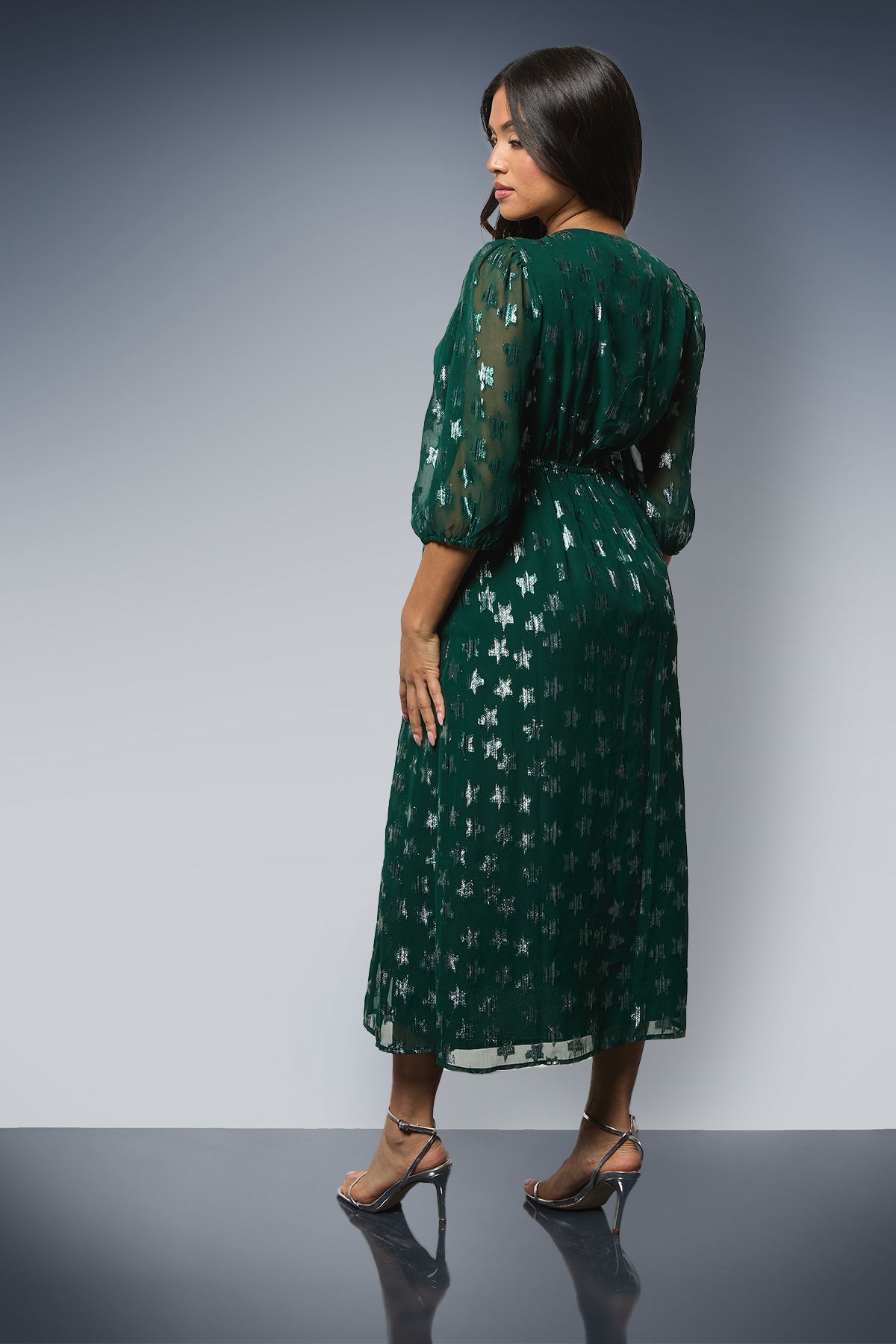 Dorothy Perkins Petite DP Luxe Star Jacquard V Neck Blouson Sleeve Midi Dress Green image 3