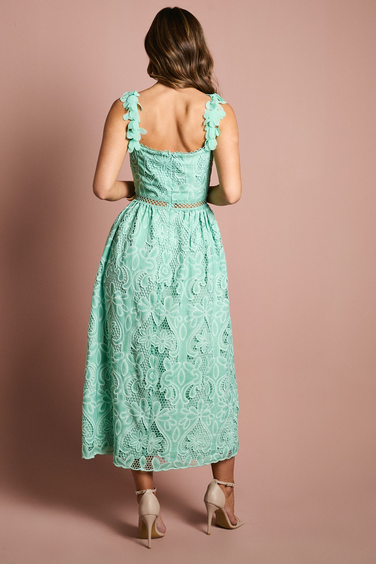 Coast 3D Flower Trim Lace Midi Dress Teal image 3