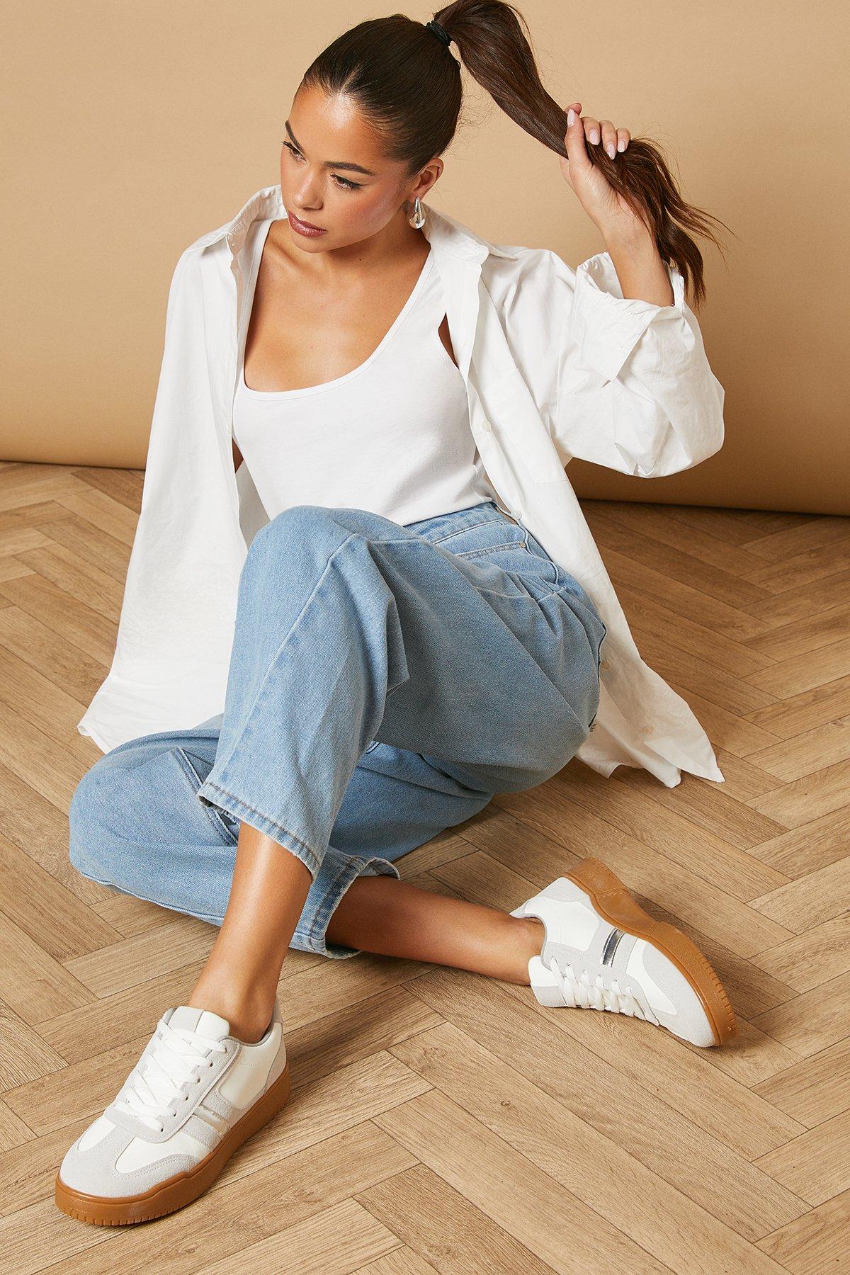 Oasis Peyton Faux Suede Mix Material Lace Up Trainers White image 1