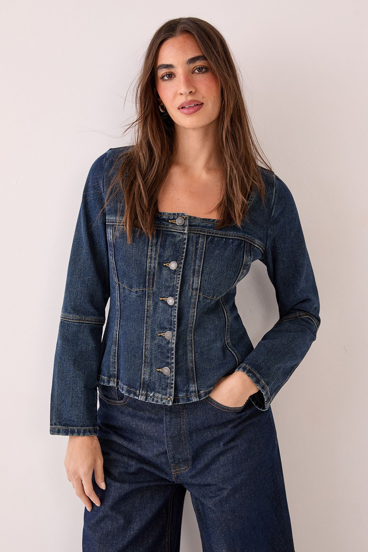 NastyGal Button Through Corset Long Sleeve Denim Top Dark Indigo image 3