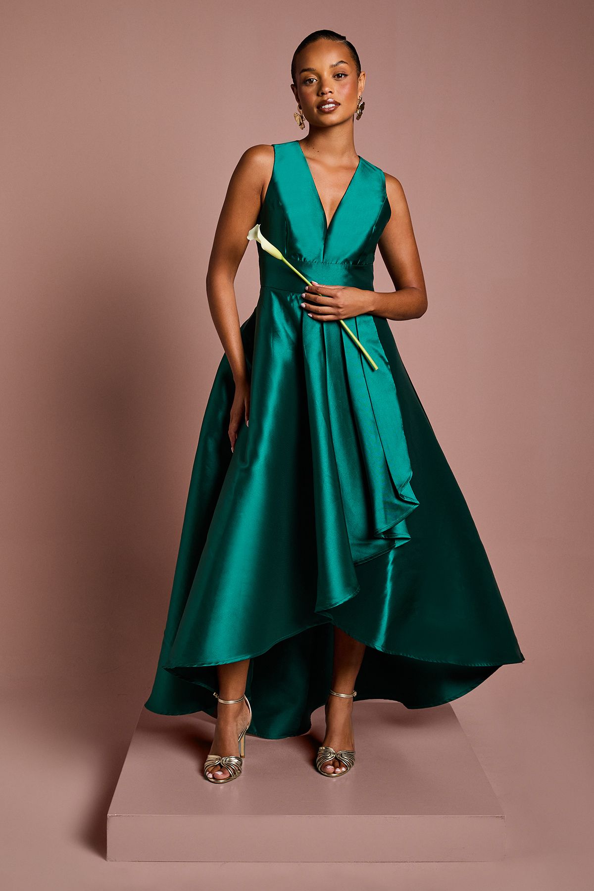 Coast Coast Honoured Petite Sleeveless Plunge Waterfall Twill Maxi Bridesmaid Dress Emerald