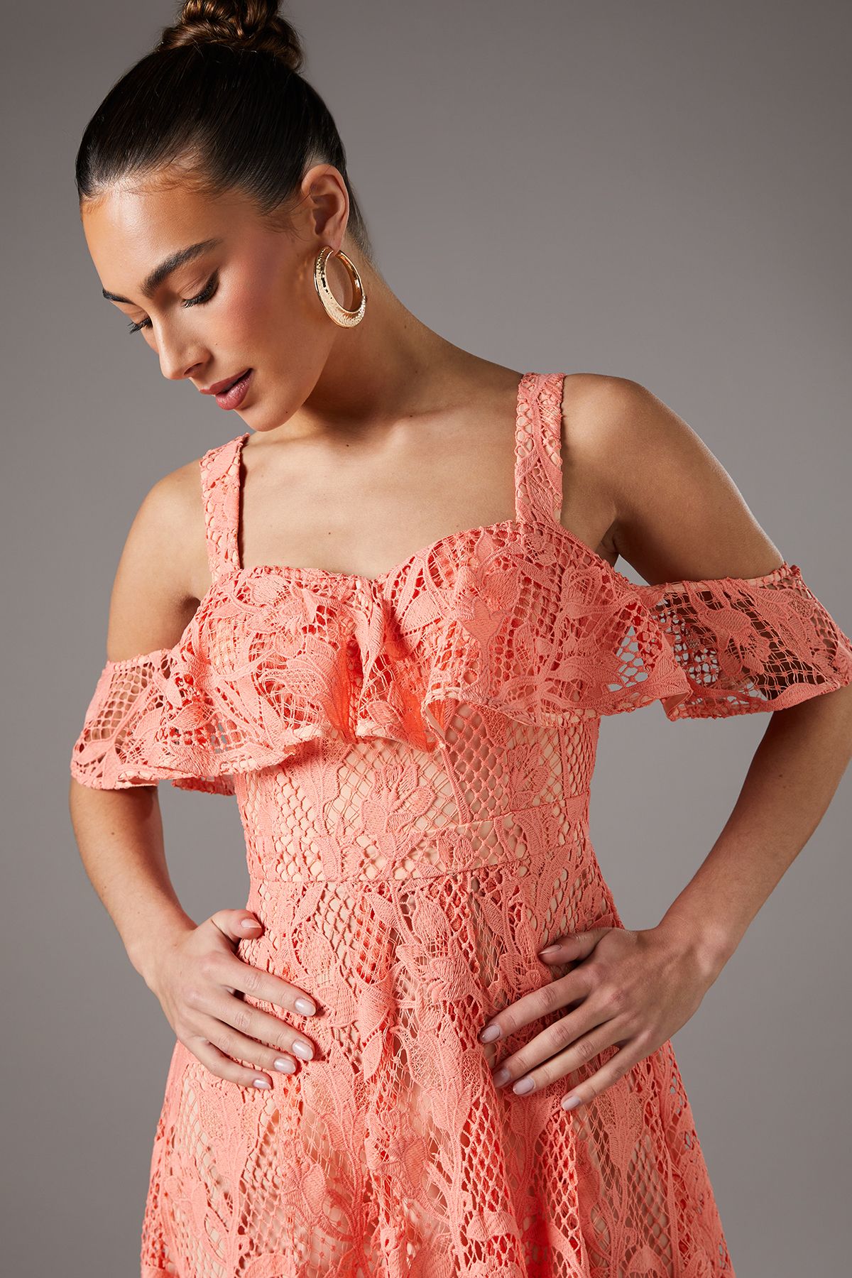 Coast Off The Shoulder Lace Fit And Flare Dress Coral image 3