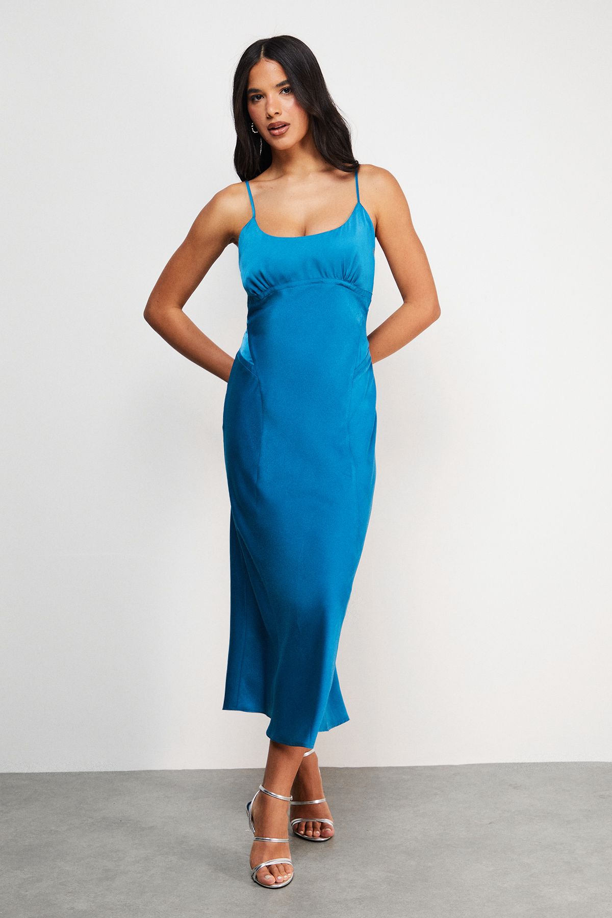 Warehouse Satin Tie Bust Seam Strappy Midi Slip Dress Blue image 1