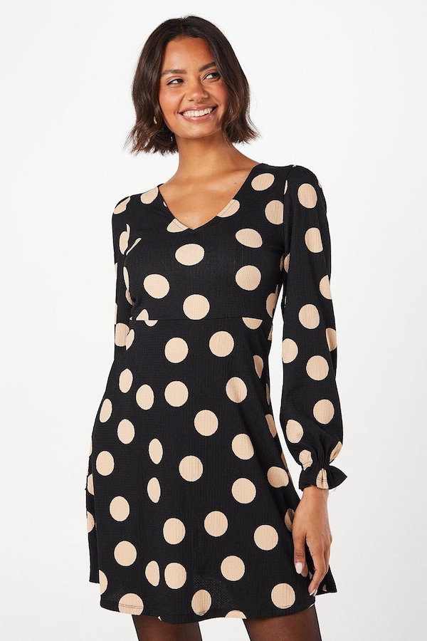 Dorothy Perkins Spot Long Sleeve V Neck Mini Dress Black