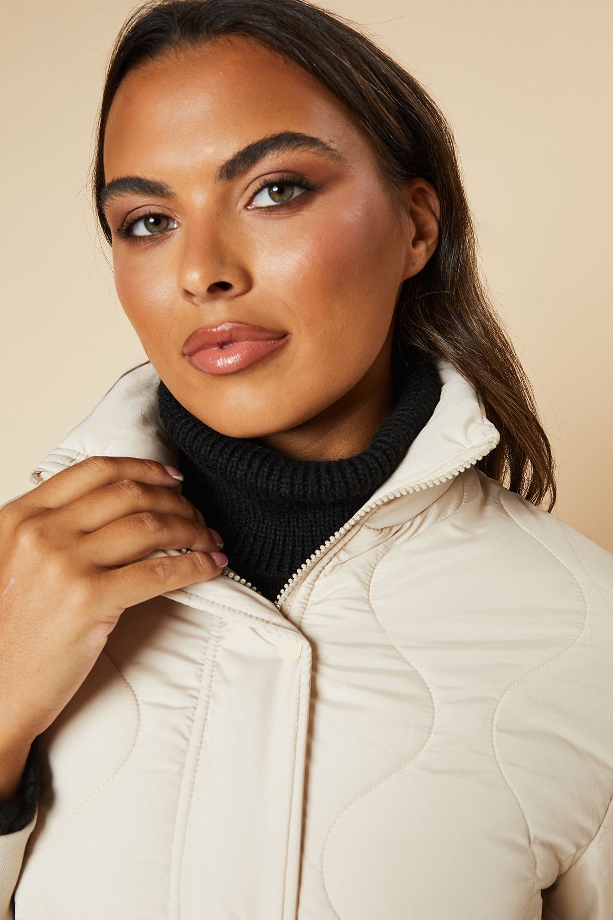 Dorothy Perkins Self Covered Button Quilted Padded Puffer Midi Coat Stone image 4