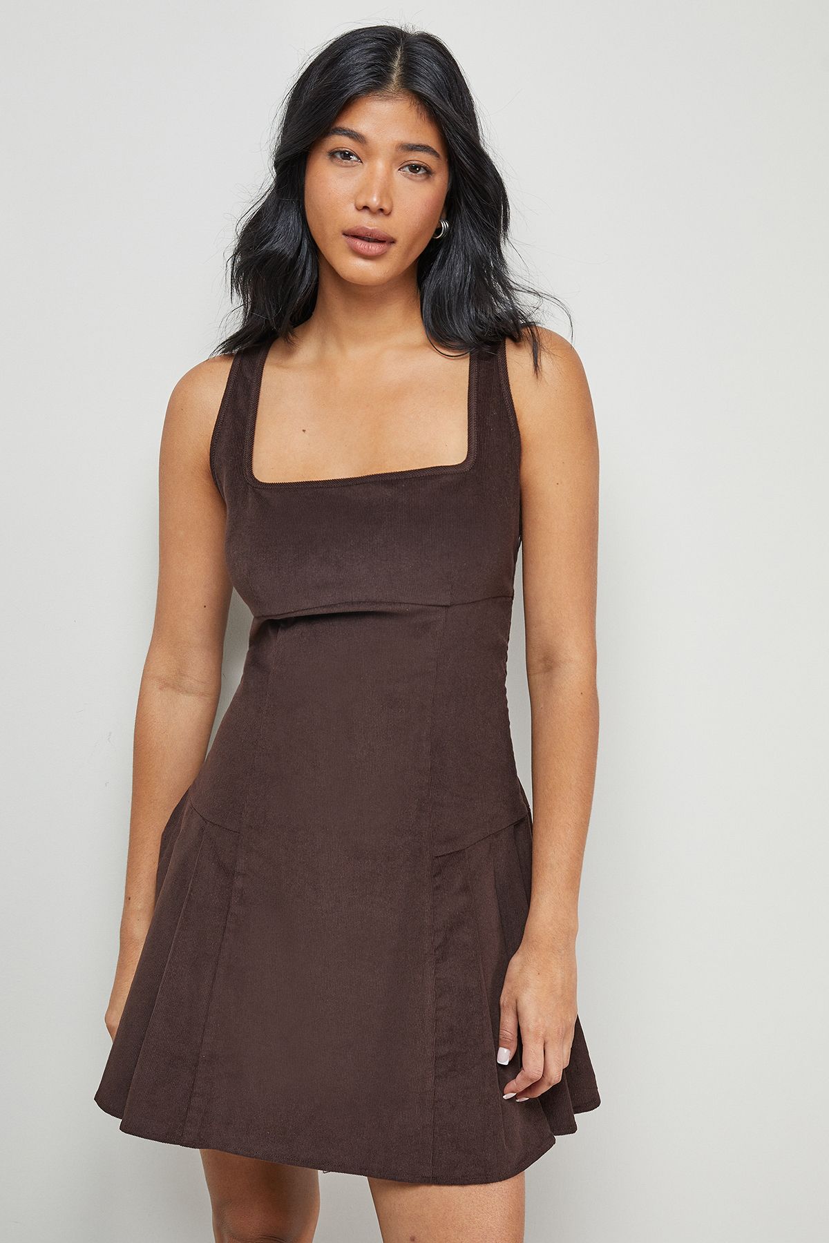 Warehouse Cord Square Neck Pinafore Mini Dress Chocolate image 1