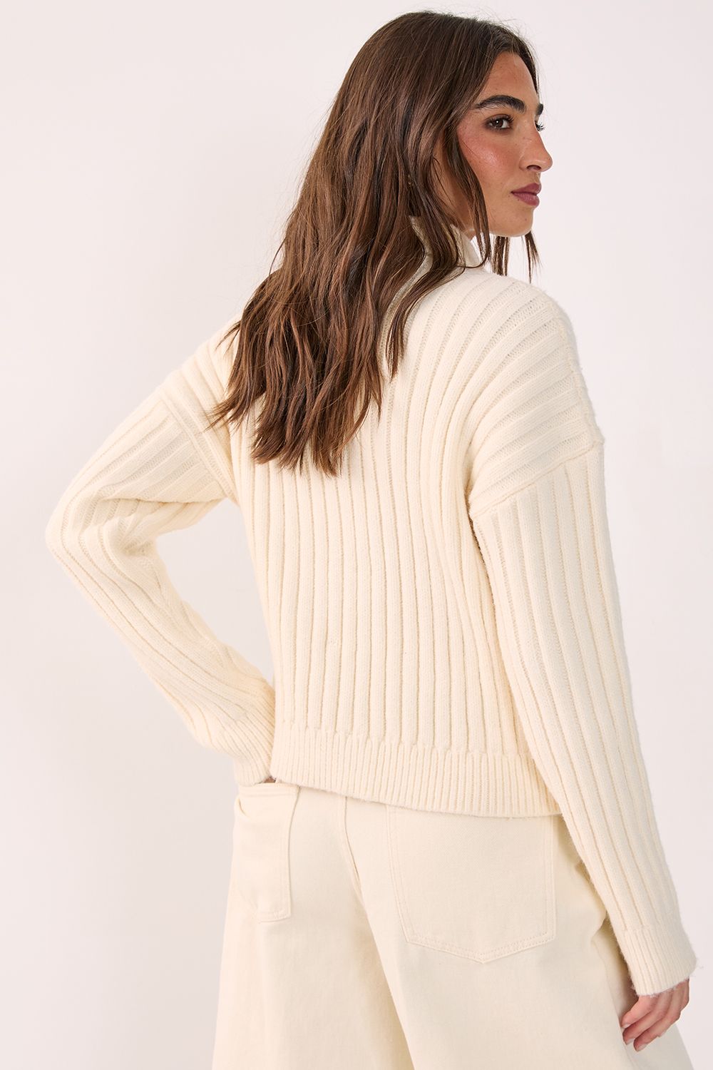 NastyGal Ribbed Knitted Quarter Zip Jumper Cream image 3