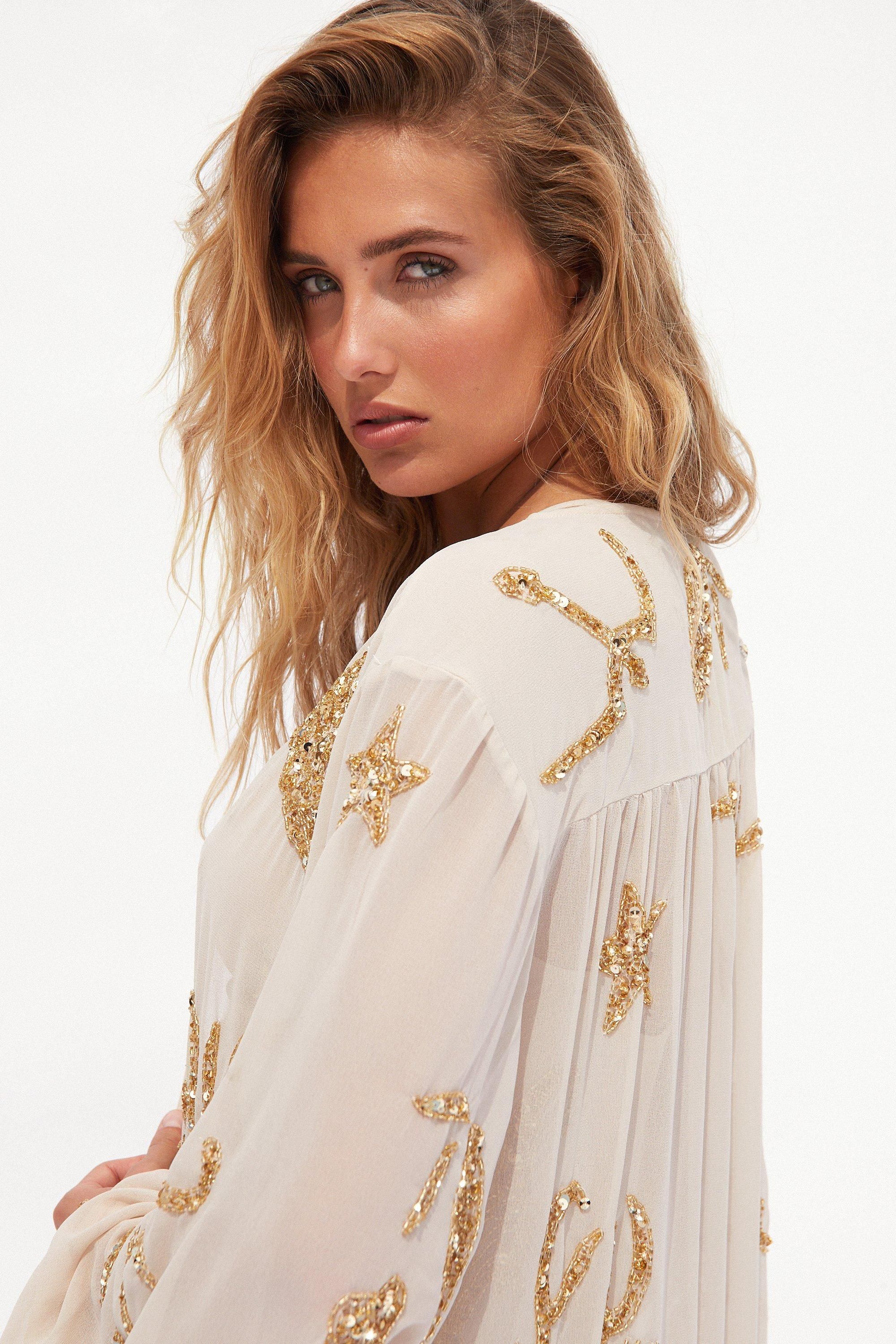 Warehouse Tatiana Alida X Warehouse Hand Embellished Horoscope Kimono Champagne image 3