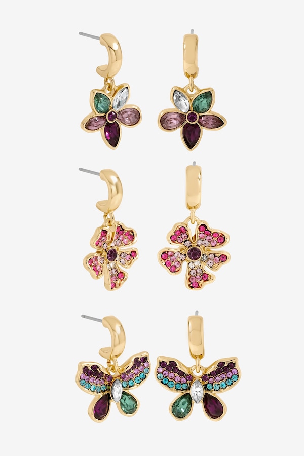 Mood Gold Plated and Multi Coloured Floral Earrings - Pack of 3