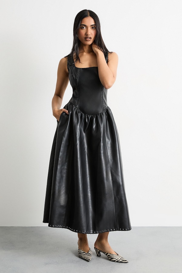 Warehouse Faux Leather Whipstitch Trim Midi Dress Black