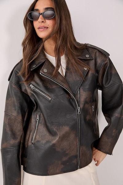NastyGal Two Tone Faux Leather Biker Jacket Brown