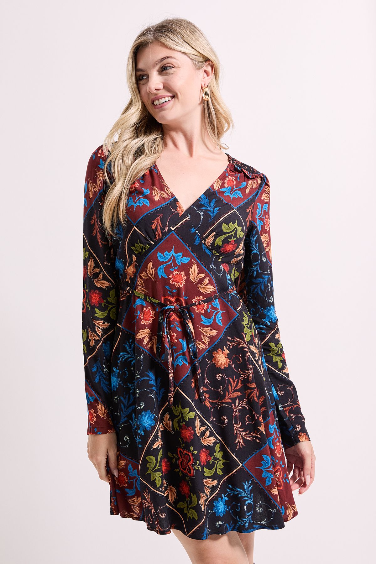 Dorothy Perkins Shirred Shoulder Empire Long Sleeve Mini Dress Multi image 2